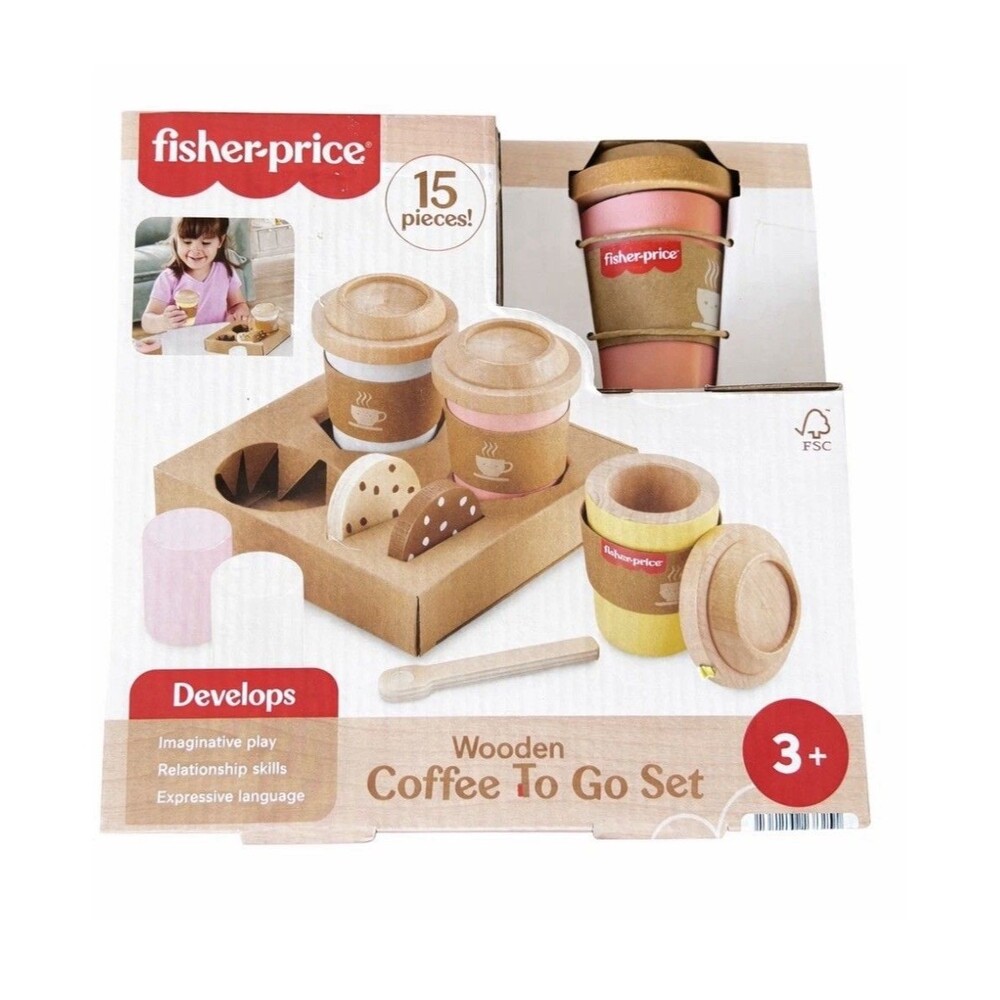 Fisher Price Wooden Coffee To Go Playset 15 Pieces Food Toy Imaginative Play New